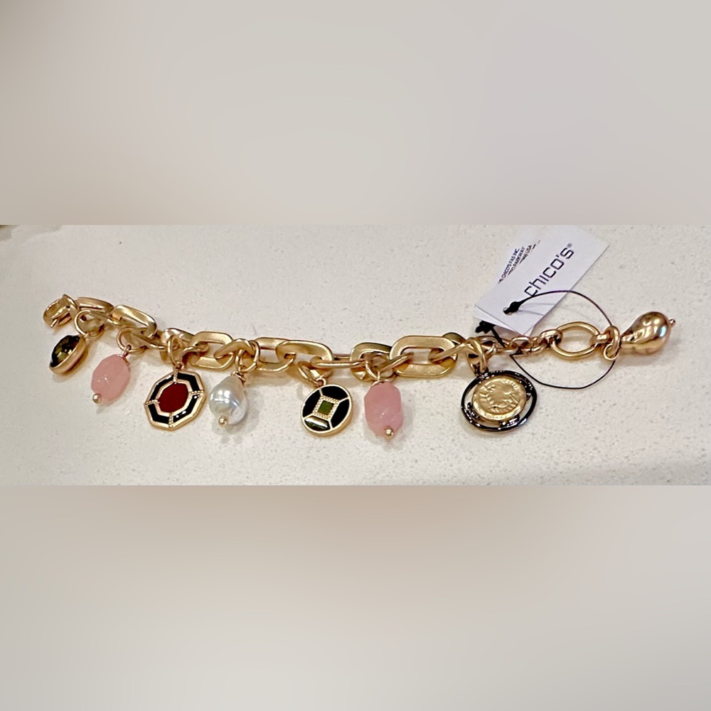 Chico’s bracelet Golden with 7 charms securely locked- adjustable New With Tag - Picture 3 of 7